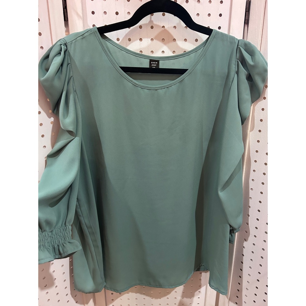 SHEIN Curve Sage Green Puff Sleeve Ruched Cuff Blouse Top Plus Size 1X